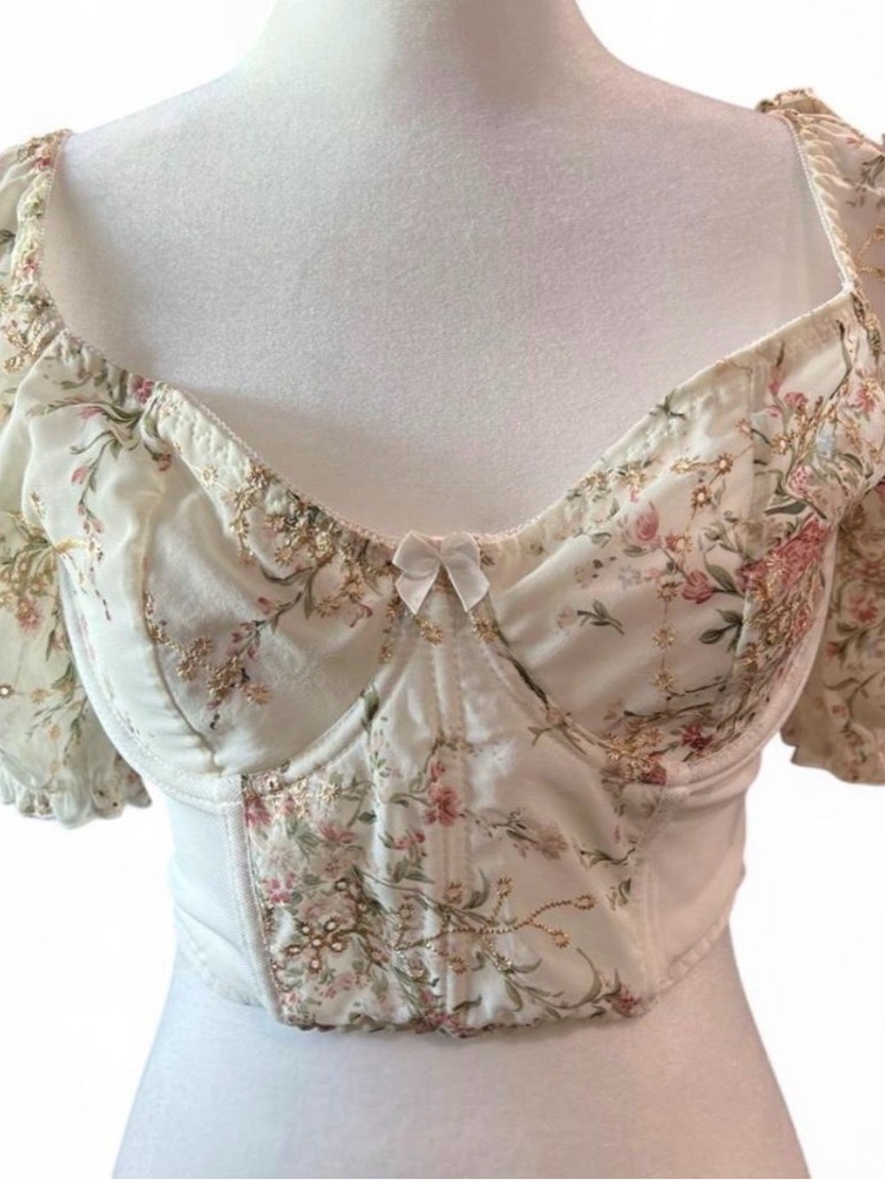 Floral Cream Puff-Sleeve Corset Top